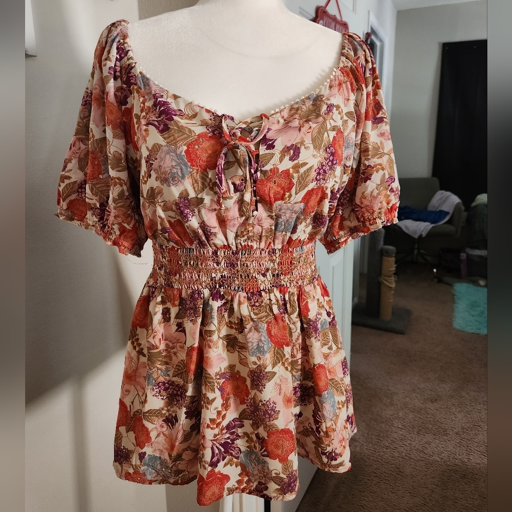 Torrid Georgette Eyelet Smocked Waist Puff Sleeve Top - Picture 5 of 9